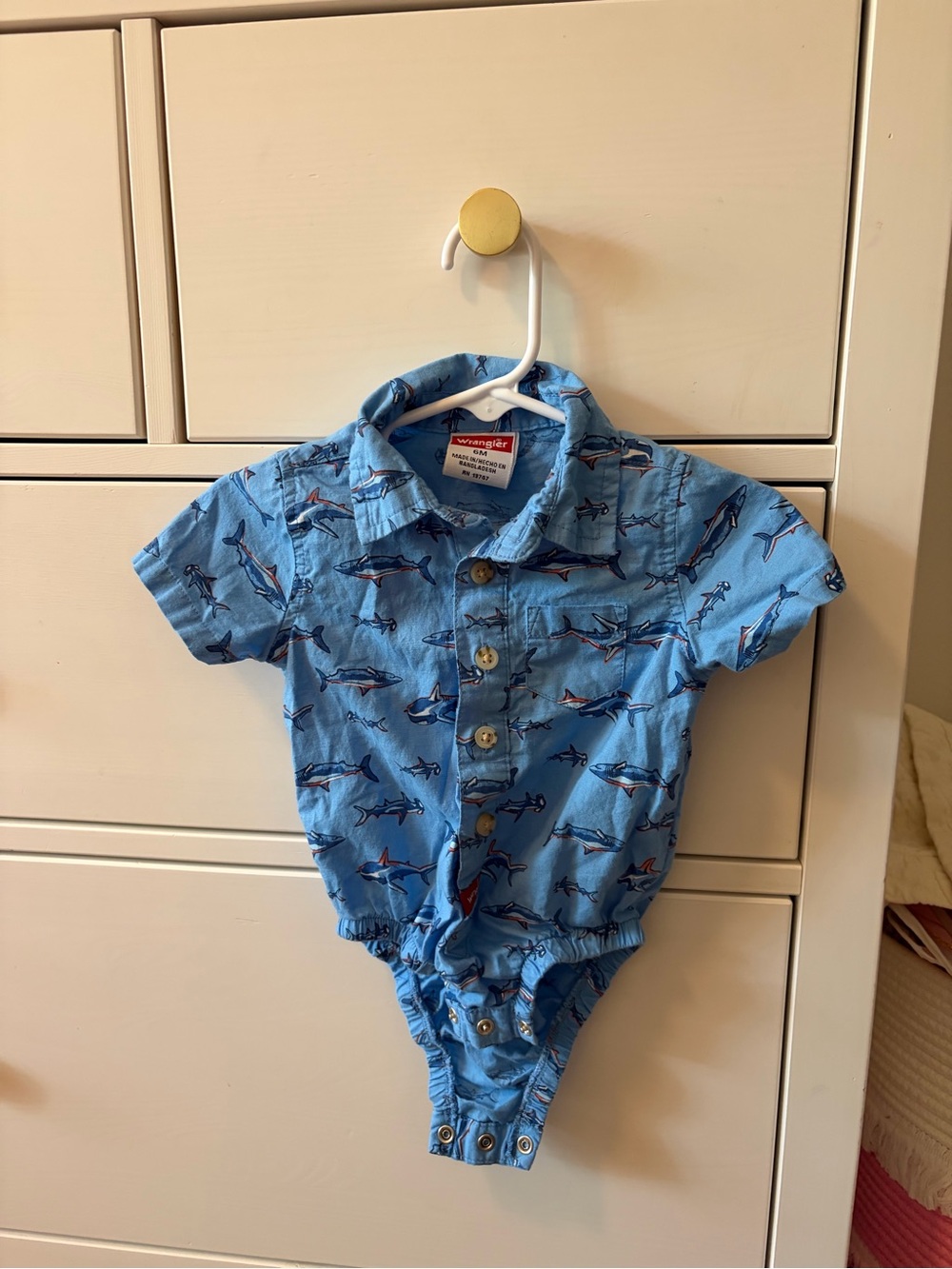 Wrangler Shark Bodysuit 6M Blue Coastal Collared Baby One Piece